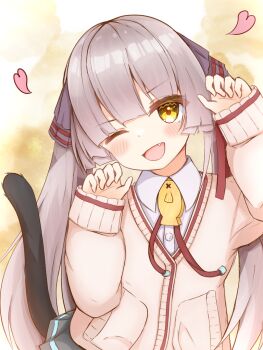 Rule 34 | 1girl, ;d, alternate costume, black ribbon, black skirt, blunt bangs, blunt ends, blush, brown hair, cardigan, cat tail, collared shirt, commentary, cowboy shot, fang, fish ornament, frapan pan, hair ribbon, hands up, heart, heaven burns red, hime cut, long hair, looking at viewer, miniskirt, neck ribbon, ogasawara hisame, one eye closed, open mouth, paw pose, pleated skirt, red pupils, red ribbon, ribbon, school uniform, shirt, sidelocks, simple background, skirt, sleeves past wrists, smile, solo, straight hair, tail, tail raised, twintails, very long hair, white shirt, yellow cardigan, yellow eyes