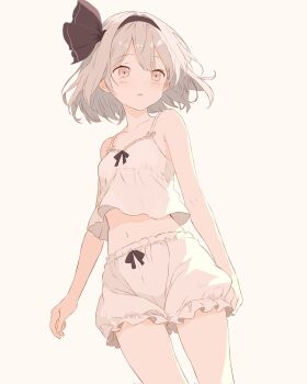 1girl bare_shoulders black_hairband black_ribbon bloomers camisole collarbone commentary_request cowboy_shot double-parted_bangs grey_background grey_eyes grey_hair hair_ribbon hairband highres iris-san konpaku_youmu looking_ahead midriff navel parted_lips ribbon short_hair solo touhou underwear white_bloomers white_camisole