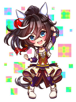 1girl animal_ears black_hair blue_eyes blush bodice boots breasts chibi chibi_only choker commentary_request corset cropped_jacket ear_covers full_body garter_straps hair_between_eyes hair_ornament highres horse_ears horse_girl horse_tail jacket katsuragi_ace_(umamusume) long_hair long_sleeves looking_at_viewer midriff_peek multicolored_hair navel open_mouth overskirt pendant_choker ponytail purple_choker purple_garter_straps purple_thighhighs red_corset red_shorts shirt shorts small_breasts smile solo star_(symbol) starting_future_(umamusume) streaked_hair sugimotty_nova tail tassel tassel_hair_ornament teeth thighhighs umamusume umapyoi_densetsu upper_teeth_only white_boots white_hair white_jacket white_shirt wristband