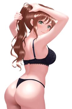 ass bang_dream! bra brown_hair commentary english_commentary green_eyes highres imai_lisa lingerie looking_back mikan_zakuro nail_polish panties ponytail thong underwear