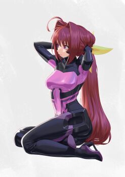 1girl ahoge armored_bodysuit artist_name bodysuit boots bow breasts carlo_montie commission fortified_suit fortified_suit_(kagami_sumika) full_body hair_bow hair_intakes hands_in_own_hair high_heel_boots high_heels highres impossible_bodysuit impossible_clothes kagami_sumika long_hair low_ponytail mecha_pilot_suit medium_breasts muv-luv muv-luv_alternative pink_bodysuit ponytail red_eyes red_hair simple_background sitting skin_tight solo tying_hair very_long_hair yellow_bow yokozuwari