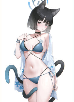 1girl absurdres animal_ears bikini black_choker black_eyes black_hair black_tail blue_archive blue_bikini blue_halo blue_tail breasts cat_ears cat_girl cat_tail choker colored_inner_animal_ears cowboy_shot criss-cross_straps gradient_tail halo hibiwa highres kikyou_(blue_archive) kikyou_(swimsuit)_(blue_archive) layered_bikini looking_at_viewer medium_breasts multi-strapped_bikini_bottom multiple_tails navel official_alternate_costume short_hair side-tie_bikini_bottom simple_background stomach string_bikini swimsuit tail thighs two_tails white_background