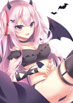 1girl :d alternate_costume alternate_hairstyle arm_wrap bandeau bare_shoulders bat_(animal) bat_hair_ornament black_bandeau black_choker black_panties black_thighhighs blush breasts choker commentary cowboy_shot crop_top demon_girl demon_horns demon_tail demon_wings double-parted_bangs dutch_angle fang hair_ornament hair_ribbon halloween halloween_costume hands_on_own_stomach harumi_ena highres horns knees_up leaning_back legwear_garter limelight_lemonade_jam long_hair looking_at_viewer medium_breasts no_pants off-shoulder_bandeau off_shoulder open_mouth own_hands_together panties pink_eyes pink_hair pink_pupils reclining red_ribbon ribbon side-tie_panties simple_background sitting skin_fang smile solo star-shaped_pupils star_(symbol) sukonbu385 symbol-shaped_pupils tail thigh_strap thighhighs thighs two_side_up underwear very_long_hair white_background wings wrist_wrap