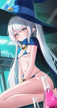 1girl absurdres bare_legs bikini blue_bikini blue_cape blue_eyes blue_hat blurry blush breasts cape commission depth_of_field dungeon_and_fighter female_mage_(dungeon_and_fighter) flask hat highres long_hair looking_at_viewer navel original parted_lips pointy_ears sidelocks small_breasts solo stomach string_bikini suisen_(suisenhwa) sweat swimsuit thighs twintails very_long_hair white_hair witch_hat