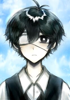Rule 34 | 1boy, antenna hair, arms at sides, bags under eyes, black eyes, black hair, black sweater vest, blue sky, bright pupils, buttons, chinese commentary, clenched teeth, cloud, collared shirt, commentary request, day, double-parted bangs, eyepatch, gangsiqiu zhansi, highres, looking at viewer, male focus, medical eyepatch, omori, one eye covered, outdoors, parted lips, portrait, shirt, short hair, sky, solo, spoilers, straight-on, sunny (omori), sweater vest, teeth, very short hair, white pupils, white shirt