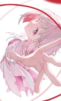 1girl absurdres colored_inner_hair commentary dress foreshortening frilled_dress frills from_above full_body grey_hair hair_ornament hairclip highres leaning_back link!_like!_love_live! link_to_the_future_(love_live!) looking_at_viewer love_live! multicolored_hair official_alternate_costume open_hand parted_lips pink_dress reaching reaching_towards_viewer red_eyes red_hair red_ribbon ribbon short_hair solo sunkeun virtual_youtuber white_background yugiri_tsuzuri