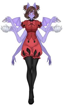 absurdres animal_ears arthropod_girl bat_ears black_pantyhose black_shoes bow brown_hair bug colored_sclera colored_skin cosplay cup dante_will dante_will_(spider) extra_arms extra_eyes fingernails hair_bow highres holding holding_cup holding_teapot indie_virtual_youtuber insect_girl lilum monster_girl muffet muffet_(cosplay) neobaka non-web_source ohwasuy pants pantyhose purple_skin red_pants red_shirt sharp_fingernails shirohomu shirt shoes short_hair silk smile spider spider_girl spider_web teacup teapot undertale utdr_(toby_fox)