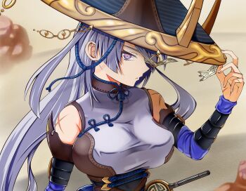 Rule 34 | 1girl, blunt sidelocks, breasts, china dress, chinese clothes, commentary request, detached sleeves, dress, duel monster, fleurdelis (yu-gi-oh!), grey hair, hat, horned hat, jingasa, large breasts, long hair, looking at viewer, looking to the side, purple eyes, purple sleeves, ryuu (blackdeeno), scar, scar on shoulder, sidelocks, sideways glance, solo, the iris swordsoul, upper body, white dress, yu-gi-oh!