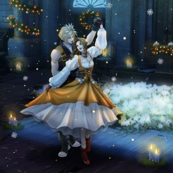 1boy 1girl aerith_gainsborough aerith_gainsborough_(garnet's_gown) bare_shoulders black_boots black_gloves black_vest blonde_hair boots breasts brown_hair candle choker christmas_lights church cloud_strife cloud_strife_(zidane's_outfit) commentary cosplay couple crystal dancing dress english_commentary final_fantasy final_fantasy_vii final_fantasy_vii:_ever_crisis flower flower_bed full_body garnet_til_alexandros_xvii garnet_til_alexandros_xvii_(cosplay) gloves grey_choker hand_on_another's_waist hetero holding_hands jewelry juliet_sleeves lily_(flower) long_dress long_sleeves medium_breasts necklace official_alternate_costume open_mouth orange_dress parted_bangs puffy_sleeves red_boots short_hair sidelocks sleeveless sleeveless_turtleneck smile snowflakes socks spiked_hair sweater turtleneck turtleneck_sweater two-tone_dress vest white_dress white_flower white_socks white_sweater wooden_floor ws_alte zidane_tribal zidane_tribal_(cosplay)