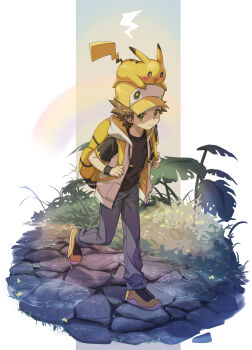 1boy 88_(einnimnech) absurdres alternate_costume backpack bag black_shirt brown_eyes brown_hair closed_mouth commentary_request gen_1_pokemon grey_pants hat highres holding_strap hood hood_down hooded_vest hoodie male_focus nintendo on_head pants pikachu pokemon pokemon_(creature) pokemon_on_head pokemon_rgby puddle red_(pokemon) shirt shoes short_hair short_sleeves smile standing standing_on_one_leg vest yellow_bag yellow_hat yellow_shoes