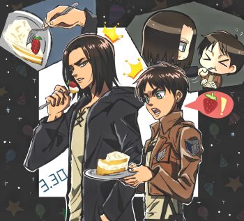 Rule 34 | > <, 2boys, absurdres, age comparison, birthday cake, black jacket, brown hair, brown jacket, cake, chibi, chibi inset, dated, eating, eren yeager, feeding, flying sweatdrops, food, fork, fruit, furrowed brow, grey eyes, grey shirt, highres, holding, holding cake, holding food, holding fork, hood, hood down, hooded jacket, idc1066026, jacket, looking at another, male focus, medium hair, military jacket, multiple boys, open mouth, paradis military uniform, parted bangs, parted lips, shingeki no kyojin, shirt, short hair, spoken food, strawberry, survey corps (emblem), sweatdrop, time paradox, upper body