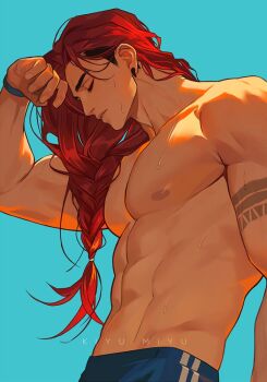 1boy abs arm_tattoo arm_up artist_name bara blue_background bracelet braid closed_eyes commentary cowboy_shot earrings english_commentary jewelry long_hair male_focus miyu_kiyu multicolored_hair nipples original parted_lips pectorals piercing red_hair short_sideburns side_braid simple_background solo sweat tattoo topless_male two-tone_hair wet wet_hair