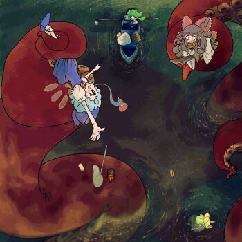 4girls absurdres black_eyes black_hair blue_dress blue_hair boat bow butterfly_net cirno commentary_request cookie_(touhou) cranberry_(cookie) daiyousei dress fairy_wings frilled_bow frilled_hair_tubes frills full_body green_hair hair_bow hair_tubes hakurei_reimu hand_fan hand_net highres holding holding_sword holding_weapon ice ice_wings kochiya_sanae lake long_hair looking_at_another micha_(cookie) muimui_(4242564muimui) multiple_girls open_mouth ponytail puffy_short_sleeves puffy_sleeves red_bow sagiri_(cookie) short_hair short_sleeves smile snot sword tentacles touhou trash_bag upside-down watercraft weapon white_dress wings yamato_(cookie)