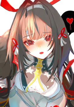 1girl 832cy armlet bare_shoulders blurry blurry_background blush breasts brown_hair brown_tail china_dress chinese_clothes clover clover_hair_ornament collarbone commentary_request dress droopy_ears from_above hair_ornament hairband heart highres jewelry long_hair looking_at_viewer medium_breasts red_eyes see-through_clothes silver_armlet simple_background solo spoken_heart tail very_long_hair white_background white_dress white_hairband ye_shunguang zenless_zone_zero