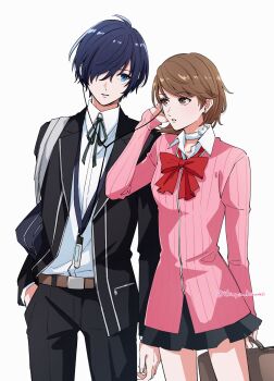 Rule 34 | 1boy, 1girl, bag, belt, black jacket, black pants, black ribbon, black skirt, blue eyes, blue hair, bow, bowtie, brown eyes, brown hair, cardigan, choker, collared shirt, cowboy shot, mp3 player, digital walkman, earphones, earrings, flipped hair, gekkoukan high school uniform, hair over one eye, hand in pocket, heart, heart choker, height difference, highres, holding, holding bag, ikuya kawaii, jacket, jewelry, listening to music, long sleeves, looking at another, loose bowtie, miniskirt, neck ribbon, open clothes, open jacket, pants, parted lips, persona, persona 3, pink cardigan, pleated skirt, red bow, red bowtie, ribbed cardigan, ribbon, school bag, school uniform, shared earphones, shirt, short hair, shoulder bag, skirt, stud earrings, swept bangs, takeba yukari, twitter username, walkman nw-s203f, white background, white choker, white shirt, yuuki makoto (persona 3)