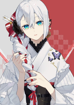 1girl animal_print aqua_eyes arrow_hair_ornament braid butterfly_print hair_ornament hair_ribbon highres japanese_clothes kimono looking_at_viewer nail_polish obi original red_ribbon ribbon ribbon_braid sash solo upper_body white_hair white_kimono yagi_(shiro_yagi)