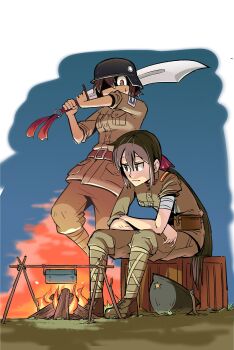 2girls absurdres brown_eyes brown_hair campfire combat_helmet commentary_request dayue full_body guan_dao helmet highres holding holding_sword holding_weapon imminent_death imperial_japanese_army kuomintang long_hair military military_uniform multiple_girls national_revolutionary_army original outdoors polearm ponytail second_sino-japanese_war short_hair sitting stahlhelm sword unworn_headwear unworn_helmet very_long_hair weapon