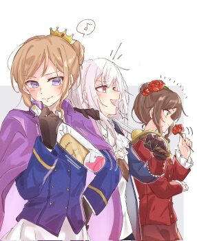 3girls ascot axis_powers_hetalia blonde_hair blush brown_hair cape crown flower france_(female)_(hetalia) france_(hetalia) gloves green_eyes hair_bun hair_flower hair_ornament highres holding holding_flower holding_sword holding_weapon jacket long_hair long_sleeves mini_crown multiple_girls musical_note open_mouth prussia_(female)_(hetalia) prussia_(hetalia) purple_eyes red_eyes simple_background single_hair_bun smile spain_(female)_(hetalia) spain_(hetalia) spoken_musical_note sword updo upper_body weapon white_background white_hair yumar830
