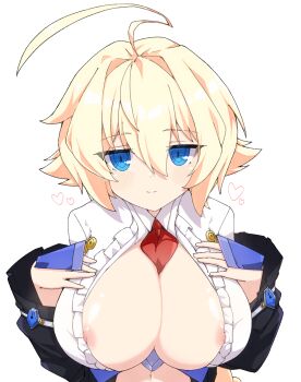 1girl ahoge arc_system_works areola_slip between_breasts blazblue blazblue:_central_fiction blonde_hair blue_eyes blush braid braided_ponytail breast_suppress breasts center_frills cleavage es_(xblaze) frills hair_between_eyes hands_on_own_chest heart highres huge_ahoge hururu_(vldptmxk1054) large_breasts long_hair long_sleeves looking_at_viewer navel necktie necktie_between_breasts nipple_slip nipples no_bra red_necktie shirt shortstack simple_background single_braid smile solo white_background white_shirt xblaze