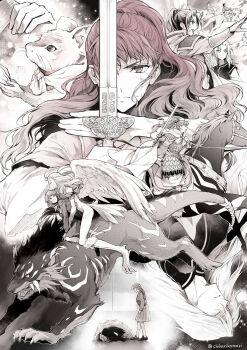 Rule 34 | 3boys, 3girls, animal, antenna hair, armor, bird legs, bird tail, bird wings, bow (weapon), braid, bruise, bruise on face, chikariya, chinese clothes, closed eyes, closed mouth, clothed animal, commentary request, enki (juuni kokuki), facial mark, feathers, floating, frown, hair slicked back, hanfu, high ponytail, highres, holding, holding hands, holding reins, holding sword, holding weapon, hyouki (juuni kokuki), injury, jewelry, jian (weapon), juuni kokuki, kaiko (juuni kokuki), keiki (juuni kokuki), king en (juuni kokuki), kirin (juuni kokuki), long hair, long sleeves, looking at another, looking back, looking down, looking to the side, monochrome, mouse (animal), multiple boys, multiple girls, multiple views, nakajima youko, necklace, one eye covered, open mouth, outstretched arm, pleated skirt, ponytail, profile, prostration, rakushun (juuni kokuki), red hair, reins, revision, riding, saddle, school uniform, serafuku, skirt, standing, sword, tail, tail armor, talons, traditional youkai, upside-down, weapon, wings