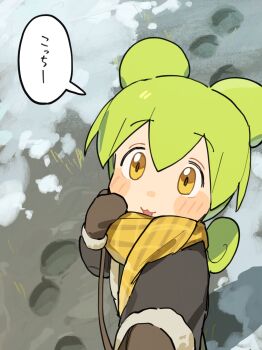 1girl :3 animal_ears blush_stickers footprints from_above fur-trimmed_sleeves fur_trim green_hair hand_on_own_cheek hand_on_own_face highres long_hair long_sleeves looking_at_viewer low_ponytail mittens okepi open_mouth outdoors ponytail pov scarf smile snow solo translation_request voicevox yellow_eyes zundamon