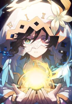 1boy ahe63011 aqua_eyes black_hair blue_hair braid capelet chinese_commentary commentary_request energy eyelashes feathered_wings floating_hair flower genshin_impact gold_trim gradient_hair hair_between_eyes halo hands_up head_wings highres hood hood_up hooded_capelet looking_at_viewer male_focus medium_hair multicolored_hair one_eye_covered outstretched_arms parted_lips roman_numeral side_braids solo twin_braids upper_body venti_(archon)_(genshin_impact) venti_(genshin_impact) white_capelet white_flower white_wings wings