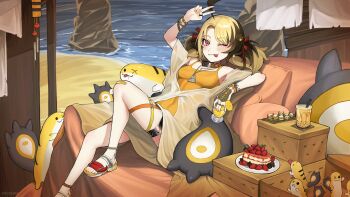 Rule 34 | 1girl, absurdres, arm up, bandaid, bandaid on knee, bandaid on leg, beach, blonde hair, box, bracelet, breasts, brown hair, bubble tea, cardboard box, chair, closed mouth, couch, cup, disposable cup, drinking straw, feet on chair, food, fruit, gigi murin, grem (gigi murin), hair ribbon, hand up, highres, holding, holding cup, hololive, hololive english, jewelry, looking at viewer, migokami, milk tea, multicolored hair, multiple bracelets, multiple rings, nail polish, necklace, ocean, off shoulder, on couch, one-piece swimsuit, one eye closed, pink eyes, plate, red ribbon, ribbon, ring, rock, sand, sandals, see-through clothes, see-through sleeves, shed, short sleeves, sitting, small breasts, smile, solo, strawberry, swimsuit, thighlet, toenail polish, toenails, tongue, tongue out, twintails, two-tone hair, v, virtual youtuber, yellow nails, yellow one-piece swimsuit