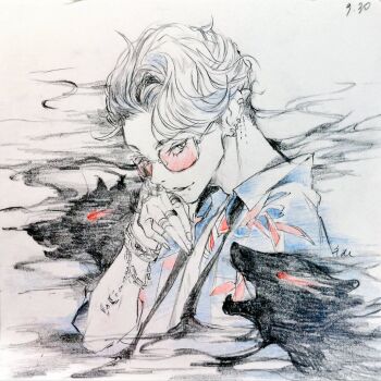 Rule 34 | 1boy, black necktie, bracelet, colored pencil (medium), commentary request, dated, ear piercing, emu (bleudoux r), from side, graphite (medium), hand up, jewelry, male focus, multiple rings, necktie, pavia (reverse:1999), piercing, pink-tinted eyewear, purple shirt, reverse:1999, ring, shirt, short hair, smoke, solo, sunglasses, tinted eyewear, traditional media, undone necktie, upper body, white hair, wolf