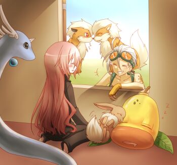 Rule 34 | 1boy, 1girl, arcanine, barefoot, dragonair, eevee, feet, gen 1 pokemon, growlithe, kuu (0427), long hair, md5 mismatch, nintendo, original, pokemon, pokemon (creature), resolution mismatch, sitting, soles, source larger, weepinbell