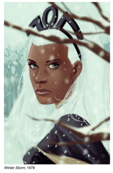 1girl black_cape blue_eyes blurry blurry_foreground border branch cape caption dark-skinned_female dark_skin dated english_text faux_retro_artstyle hair_ornament ice long_hair looking_at_viewer marvel nature phil_noto portrait retro_artstyle snow snowflakes snowing solo storm_(x-men) superhero_costume tree very_dark_skin white_border white_hair x-men