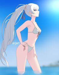 Rule 34 | 1girl, ar jart, bikini, blue eyes, blue sky, breasts, cleavage, commentary, dangle earrings, day, earrings, hand on own hip, jewelry, long hair, rwby, sky, small breasts, solo, sunlight, swimsuit, symbol-only commentary, very long hair, wading, water, weiss schnee, white bikini