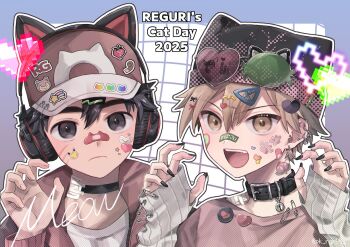 Rule 34 | 2025, 2boys, alternate costume, animal ears, arms up, badge, bandaid, bandaid on face, bandaid on nose, baseball cap, belt buckle, belt collar, black collar, black hair, black nails, blue oak, brown eyes, brown hair, buckle, button badge, cat ears, claw pose, closed mouth, collar, commentary request, crew neck, ear piercing, earrings, english text, fake animal ears, frown, hair between eyes, hat, headphones, heart, highres, jewelry, male focus, multiple boys, nail polish, nintendo, open clothes, open mouth, open shirt, piercing, pixel heart, pk rgr96, pokemon, pokemon rgby, red (pokemon), red shirt, romaji text, safety pin, shirt, sleeves past wrists, sticker, sticker on face, teeth, upper body, upper teeth only, white shirt