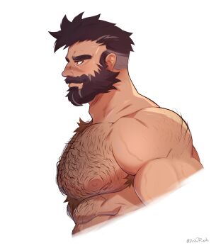 1boy abs absurdres arm_hair back_hair bara beard body_fur brown_eyes brown_hair connected_beard cropped_torso drawreshi facial_hair from_side full_beard hairy highres huge_eyebrows humanization large_pectorals looking_ahead male_focus mature_male muscular muscular_male mustache navel_hair nipples nude original pectorals profile resh_(drawreshi) short_hair solo spiked_hair stomach streaked_beard thick_beard thick_chest_hair thick_mustache