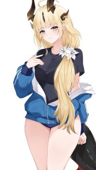 1girl adapted_costume ahoge arknights artist_request black_shirt blonde_hair blue_buruma blue_jacket blush breasts buruma commentary commission cowboy_shot dragon_girl dragon_horns dragon_tail english_commentary flower green_eyes hair_flower hair_ornament highres horns jacket long_hair medium_breasts open_clothes open_jacket reed_(arknights) reed_the_flame_shadow_(arknights) second-party_source shirt short_sleeves simple_background smile solo t-shirt tail thighs very_long_hair white_background white_flower