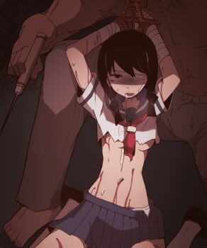 1boy 1girl bandage_over_one_eye bandaged_wrist bandages black_eyes black_hair bleeding blood blue_sailor_collar blue_skirt bound bound_arms braid breasts commentary_request drooling eyepatch grey_background highres holding_ice_pick ice_pick injury kobushi_abiru loafers medium_breasts midriff mob_x_character navel neckerchief nns_(sobchan) open_mouth panties red_neckerchief rolling_eyes ryona sailor_collar saliva sayonara_zetsubou_sensei school_uniform serafuku shirt shoes short_sleeves sitting skirt socks sweat torn_clothes torn_neckerchief torn_shirt turn_pale twin_braids unbuttoned underboob underwear wariza white_panties white_socks