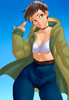 1girl absurdres belt black_choker blue_background blue_pants bra breasts brown_belt brown_eyes brown_hair choker coat commentary croissama dark-skinned_female dark_skin dc_comics finger_gun finger_gun_to_head gradient_background green_coat hair_behind_ear highres lois_lane looking_to_the_side medium_breasts my_adventures_with_superman open_clothes open_coat pants short_hair solo superman_(series) underwear white_bra