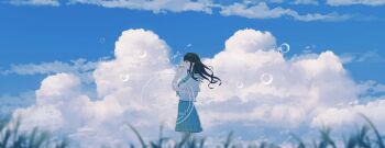 1girl absurdres aqua_neckerchief aqua_sailor_collar aqua_skirt black_hair blowing_bubbles blue_sky blurry blurry_foreground bubble cloud cloudy_sky commentary_request depth_of_field feet_out_of_frame floating_hair from_side hand_up highres holding long_hair neckerchief original outdoors pleated_skirt profile sailor_collar scenery school_uniform serafuku shion_08 shirt short_sleeves skirt sky sky_focus solo standing summer summer_uniform white_shirt