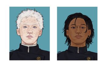 Rule 34 | 2boys, albino, alternate skin color, artist name, blue eyes, commentary, dark-skinned male, dark skin, english commentary, face piercing, freckles, gakuran, getou suguru, gojou satoru, jujutsu kaisen, jujutsu tech uniform, lych333s, male focus, multiple boys, nose piercing, piercing, plug (piercing), portrait, purple eyes, school uniform, short hair, very short hair, white hair