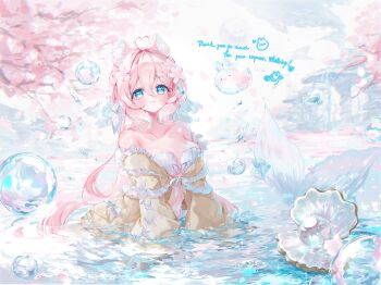 1girl absurdres ahoge animal_ear_fluff animal_ears bare_shoulders bikini blue_eyes breasts brown_jacket bubble cat_ears cherry_blossoms clam collarbone commission fins fish_tail flower gem hair_flower hair_ornament heart heart_ahoge hibari_yuu highres indie_virtual_youtuber jacket large_breasts long_hair mermaid monster_girl off_shoulder partially_submerged pearl_(gemstone) pink_flower pink_hair shell shell_bikini skeb_commission solo swimsuit tail virtual_youtuber water whiffairy_(vtuber)