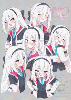 1girl ^_^ anger_vein black_hairband black_jacket blazer blue_archive blue_necktie blush bright_pupils closed_eyes commentary_request cropped_torso false_smile hair_between_eyes hairband half_updo halo highres jacket kei_(blue_archive) kei_(new_body)_(blue_archive) long_hair long_hair_between_eyes masshirokachi multiple_expressions multiple_views necktie pink_eyes ringed_eyes shirt signature smile sweatdrop upper_body very_long_hair watermark white_hair white_jacket white_pupils white_shirt wide-eyed