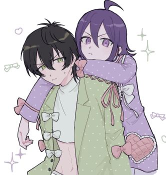 2boys absurdres ahoge behind_another black_hair cle_423 closed_mouth commentary_request green_eyes green_jacket hair_between_eyes heart highres jacket king_of_prism kougami_taiga leaning_on_person long_sleeves looking_at_viewer male_focus multiple_boys pretty_rhythm pretty_series purple_eyes purple_hair purple_jacket short_hair sparkle suzuno_yuu sweatdrop upper_body v-shaped_eyebrows white_background