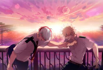 2boys arm_at_side arm_grab backlighting bag bakugou_katsuki belt blonde_hair bloom blurry blurry_background blush boku_no_hero_academia bottle bridge brown_belt buttons cactusnabe chromatic_aberration clenched_hands cliff cloud cloudy_sky collared_shirt commentary_request contrail covered_eyes cowlick depth_of_field diffraction_spikes dress_shirt ear_blush embarrassed evening eyes_visible_through_hair film_grain from_side gradient_sky grey_outline hair_over_eyes hand_up head_down highres holding holding_bag horizon leaning_forward lens_flare light male_focus multicolored_hair multiple_boys necktie non-circular_lens_flare open_mouth orange_sky outdoors outline outstretched_arm pants parted_lips profile purple_sky railing red_eyes red_necktie resisting river scar school_uniform scowl see-through_clothes see-through_shirt shade shirt shopping_bag short_hair short_sleeves shoulder_bag shoulder_strap sky sparkle spiked_hair split-color_hair standing straight_hair summer_uniform sun sunlight sunset sweatdrop tearing_up tears todoroki_shoto twitter_username two-tone_hair u.a._school_uniform upper_body vanishing_point water white_hair wing_collar yaoi