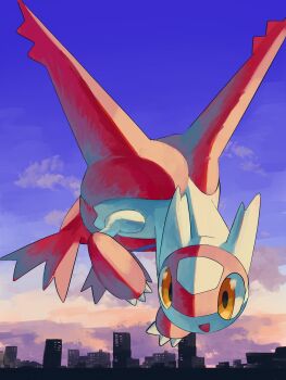 blue_sky building claws cloud dragon flying gen_3_pokemon highres latias legendary_pokemon nintendo no_humans open_mouth outdoors p9kfxaofqi54546 pokemon pokemon_(creature) pokemon_focus sky smile solo wings yellow_eyes