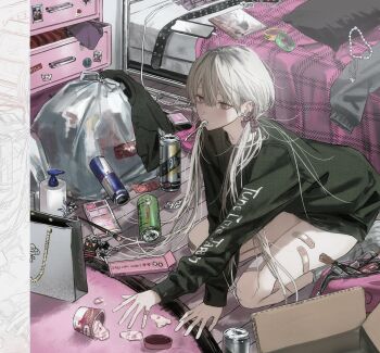 1boy adam&#039;s_apple androgynous bandaid bandaid_on_finger bandaid_on_hand bandaid_on_knee bandaid_on_leg bandaid_on_thigh bedroom beer_can black_shirt bow can charm_(object) double-parted_bangs drawer drink_can ear_piercing eyelashes foot_out_of_frame from_above gauze_on_thigh haagen-dazs hair_between_eyes hair_bow hand_on_floor highres indoors jewelry jitome kneehighs kneeling leaning_forward light_frown long_hair long_sleeves looking_ahead lotion_bottle low_twintails makeup_brush makeup_palette male_focus messy_room multicolored_hair multiple_piercings necklace no_pants on_floor open_drawer original phone piercing pillow pink_bow pink_rug raised_inner_eyebrows reaching roots_(hair) shirt sidelighting socks solo spoon st31010 star-shaped_pupils star_(symbol) straight_hair symbol-shaped_pupils tearing_up too_many_bandaids trash_bag twintails unworn_bracelet unworn_jewelry unworn_necklace unworn_shirt utensil_in_mouth very_long_hair white_hair white_socks
