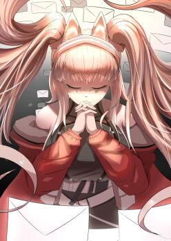 1girl angelina_(arknights) angelina_(distinguished_visitor)_(arknights) animal_ears arknights bare_shoulders chinese_commentary closed_eyes coat commentary_request dot_nose dress expressionless floating_hair fox_ears fox_girl grey_dress hairband highres long_hair long_sleeves mail multicolored_hairband off_shoulder official_alternate_costume own_hands_clasped own_hands_together praying red_coat red_hairband solo striped_clothes striped_hairband twintails two-tone_hairband upper_body yida_wh