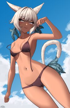 1girl absurdres animal_ears arm_at_side arm_up bikini bra breasts closed_mouth cloud cloudy_sky collarbone commentary cowboy_shot dark-skinned_female dark_skin english_commentary eyeliner feather_hair_ornament feathers final_fantasy final_fantasy_xiv from_below grey_eyes hair_ornament highres makeup navel open_bra short_hair sky small_breasts smile solo strap_pull swimsuit underwear white_hair x_xith_x y&#039;shtola_rhul