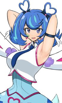 1girl :d armpit_focus armpits blue_angel_(yu-gi-oh!) blue_hair blue_necktie breasts clover_facial_mark corrupted_twitter_file earrings heart heart_earrings highres jewelry large_breasts looking_at_viewer lower_teeth_only necktie open_mouth pakupaku_(9fnfniz81owpbzp) presenting_armpit purple_eyes sleeveless smile solo steam teeth twintails white_background yu-gi-oh! yu-gi-oh!_vrains zaizen_aoi