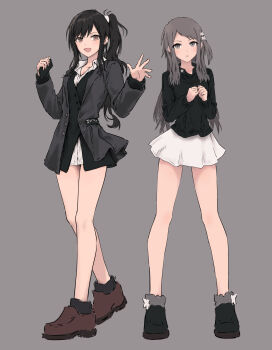 Rule 34 | 2girls, :d, bare legs, black hair, black jacket, black shirt, black shoes, black socks, breasts, brown eyes, brown shoes, cellphone, cleavage, collarbone, commentary request, flower, full body, fur-trimmed shoes, grey background, grey eyes, grey hair, hair flower, hair ornament, highres, holding, holding phone, jacket, jacket over jacket, long hair, long shirt, long sidelocks, long sleeves, looking at viewer, medium breasts, miniskirt, multiple girls, one side up, open clothes, open collar, open hand, open jacket, open mouth, original, parted lips, phone, shirt, shoes, side ponytail, sidelocks, simple background, skirt, smartphone, smile, socks, standing, white flower, white shirt, white skirt, yukitake (xuserpost)