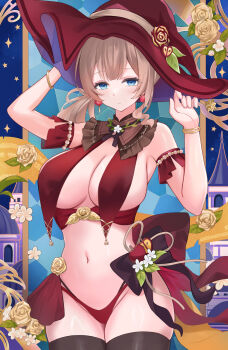Rule 34 | 1girl, adapted costume, apple, apple earrings, arm cuffs, black bow, black thighhighs, blue eyes, blunt ends, blush, bow, bracelet, breasts, brown hair, brown ribbon, cleavage, closed mouth, commentary request, cowboy shot, duplicate, earrings, flower, food, food-themed earrings, food-themed ornament, food themed earrings, frills, fruit, fruit earrings, gold bracelet, groin, hands up, hat, hat flower, highres, jewelry, large breasts, leaf, long hair, looking at viewer, mochizuki honami, multiple bracelets, navel, panties, pixel-perfect duplicate, project sekai, red hat, red panties, ribbon, rose, sekijitsu no read-aloud (project sekai), side ponytail, sidelocks, skindentation, solo, thighhighs, thighs, underwear, usagi melon3, witch hat, yellow flower