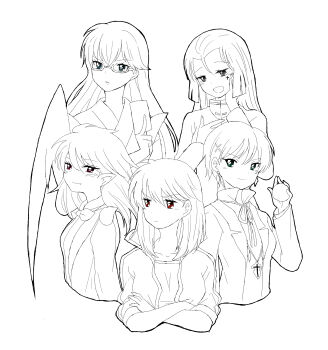 Rule 34 | breasts, coat, genderswap, genderswap (mtf), glasses, hair ornament, juumonji tsubasa, kain (kyoukai no rinne), kyoukai no rinne, long hair, masato (kyoukai no rinne), matsugo (kyoukai no rinne), monochrome, open mouth, rokudou rinne, short hair, smile